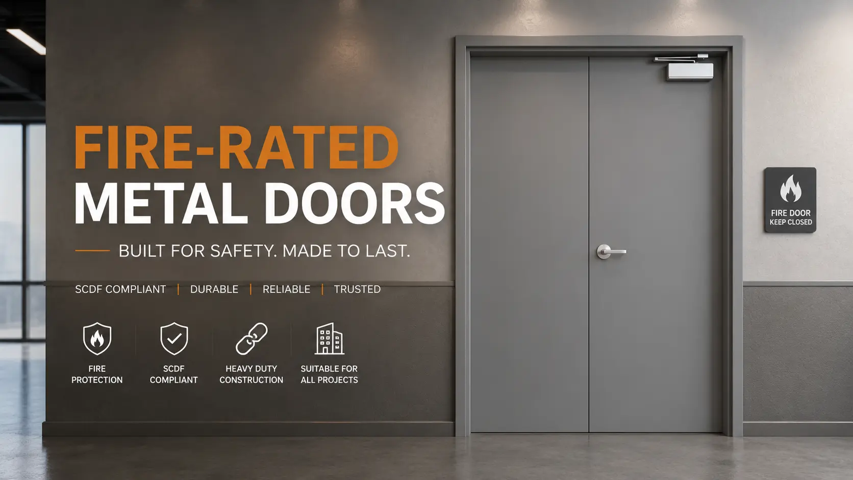 Fire-rated metal doors in Singapore for commercial, industrial, HDB and BTO building projects.