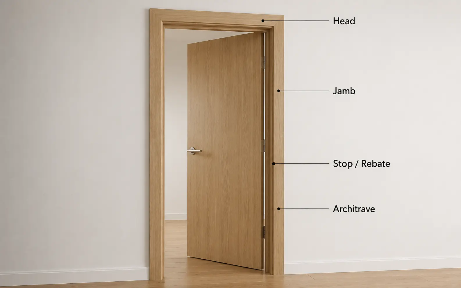 Labelled diagram of a door frame showing jamb, head, stop and rebate components