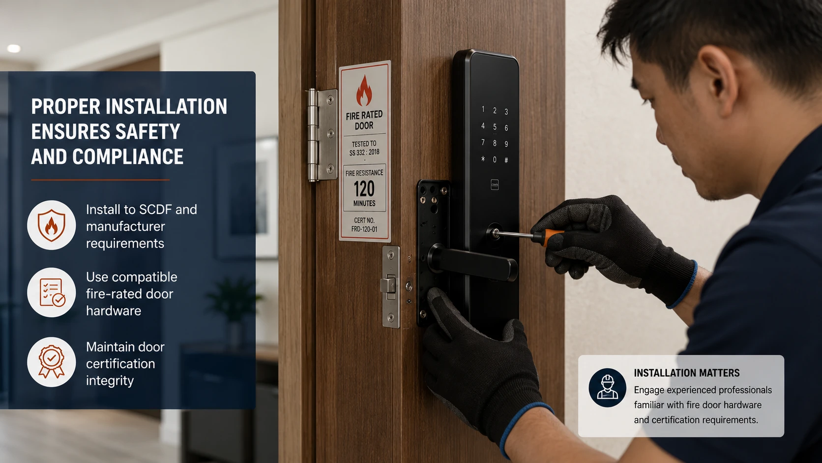 Installer fitting a digital lock to a fire-rated main door