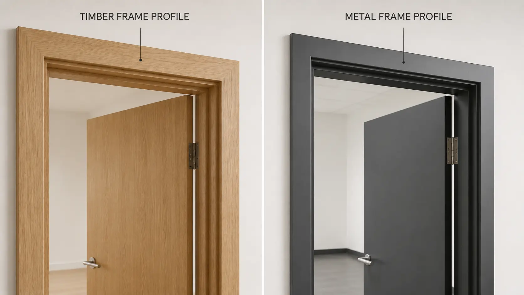 Side-by-side comparison illustration of a timber door frame and a metal door frame