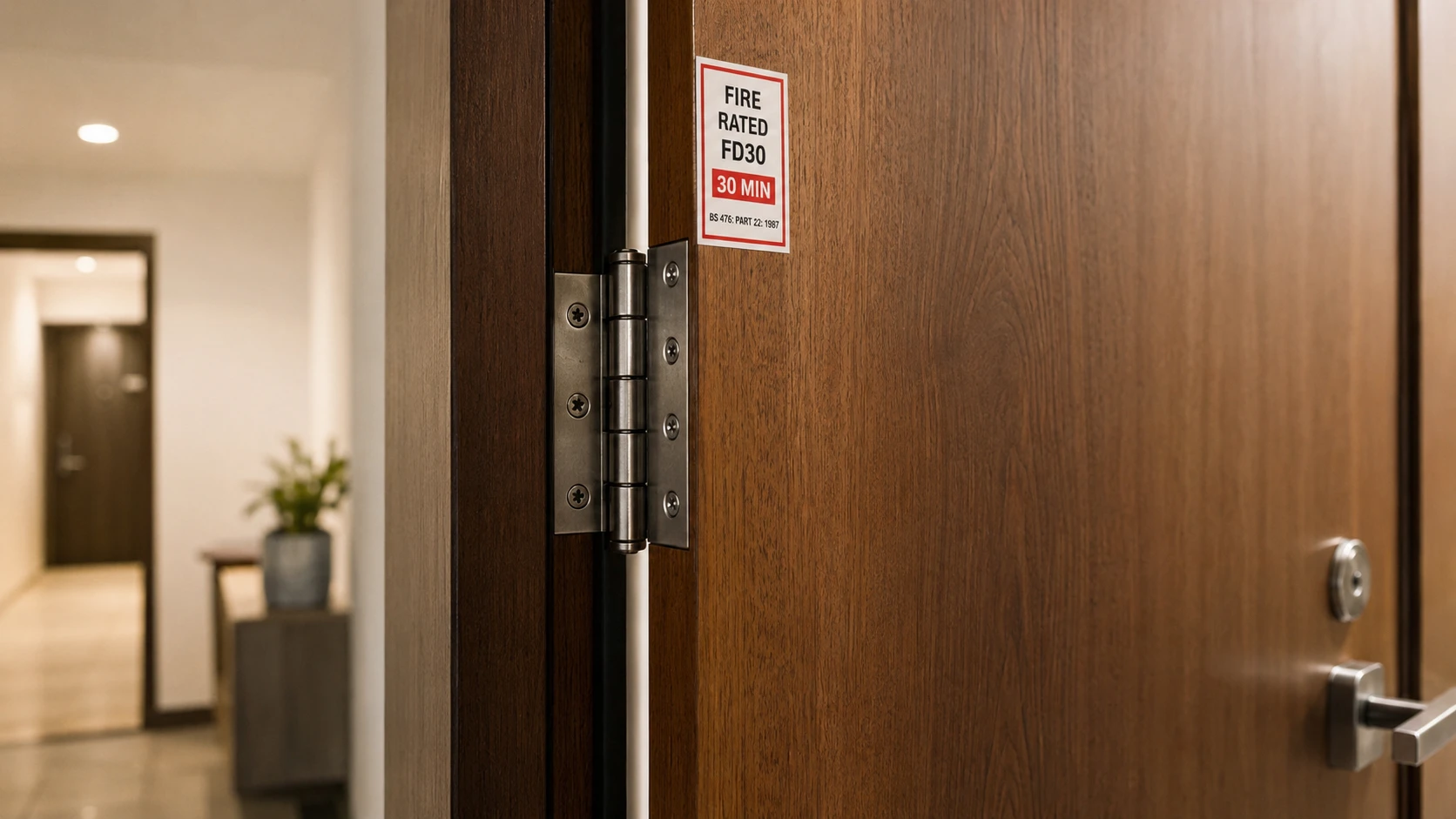 Fire rating certification label on a door near the hinge, showing the rated duration