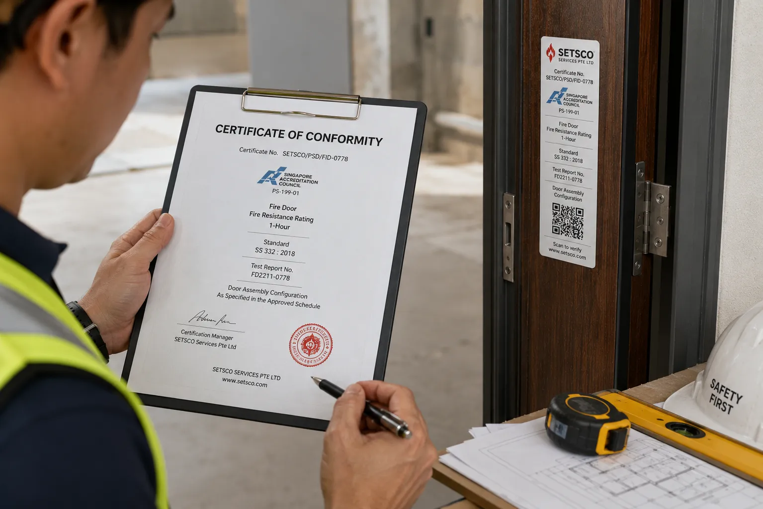 [DESCRIPTIVE ALT TEXT — e.g. contractor reviewing door Certificate of Conformity on site]