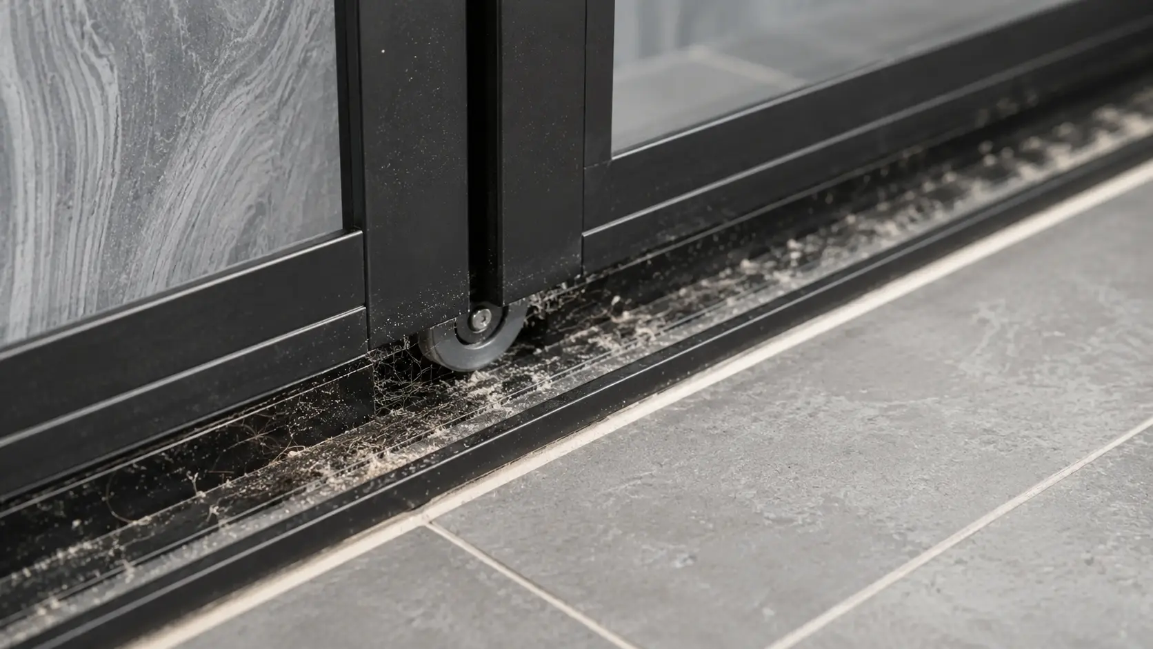 Close-up of toilet door roller and track maintenance detail
