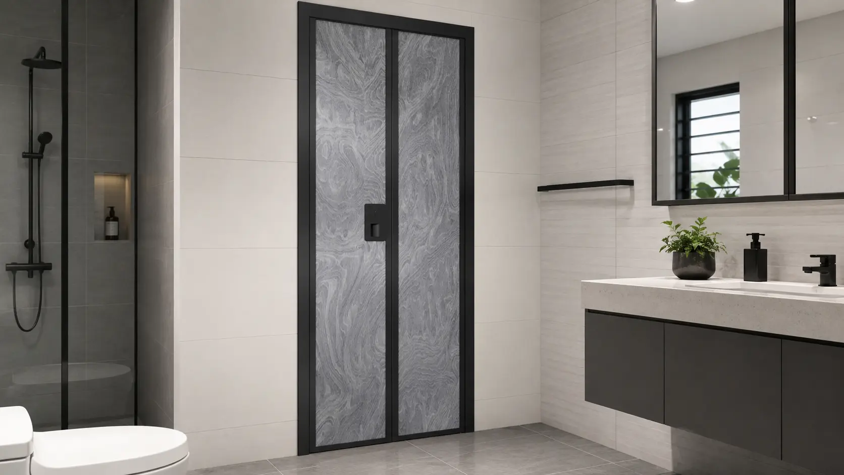 Aluminium toilet door installed in a Singapore bathroom wet area