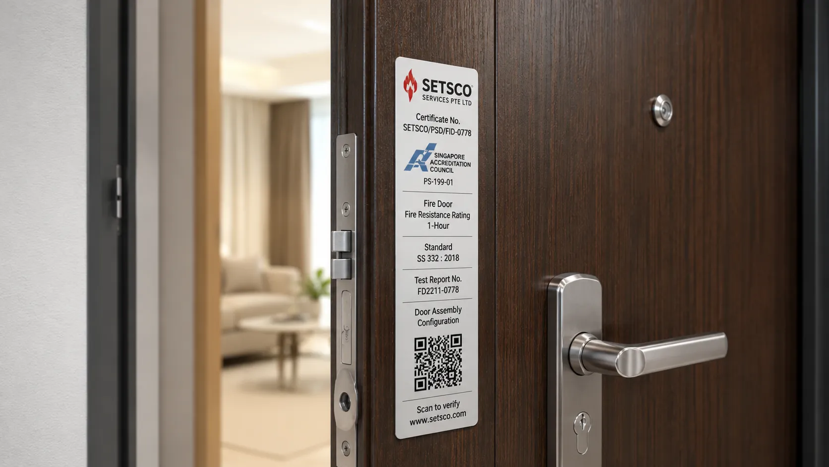 [DESCRIPTIVE ALT TEXT — e.g. close-up of SCDF certification label on HDB fire door edge]
