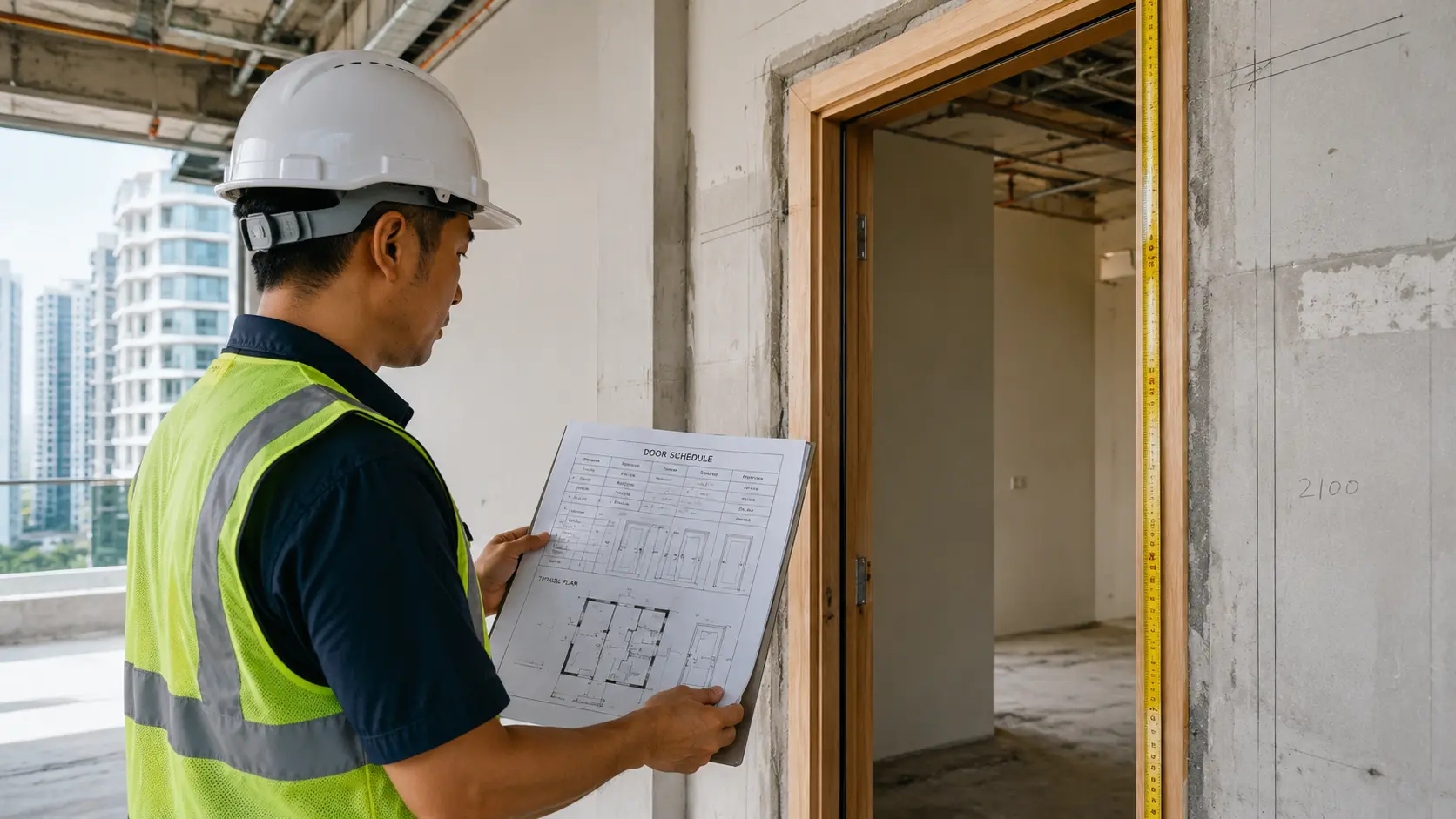 Contractor cross-checking a door schedule against a site opening in a Singapore project