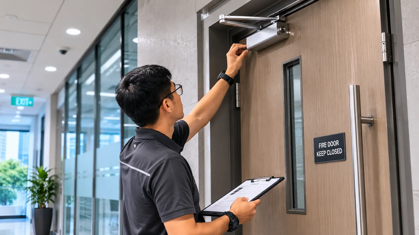 Facilities technician inspecting a commercial fire-rated door closer in a Singapore office building corridor