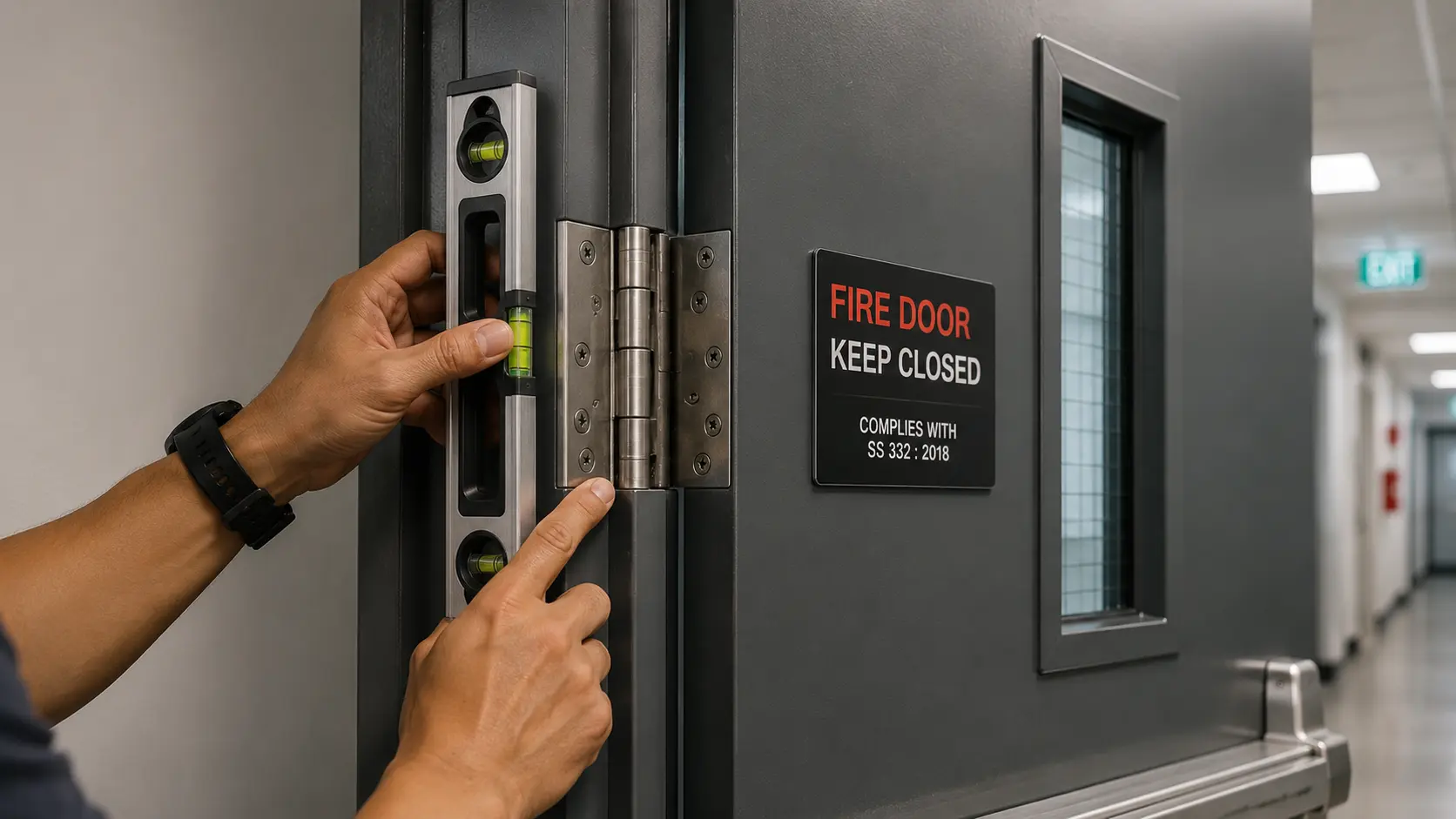 Close-up of a commercial door frame and hinge alignment check on a fire-rated metal doorset