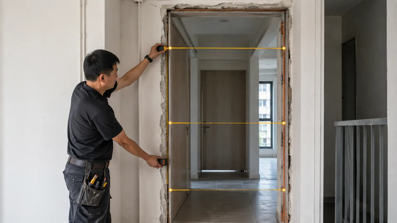 Contractor measuring a door opening width at three points on an HDB renovation site