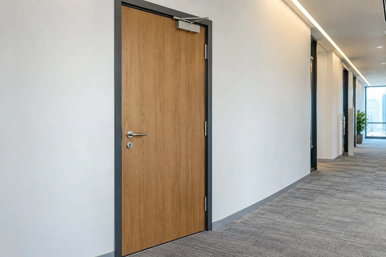Fire-rated office door installed along a commercial corridor