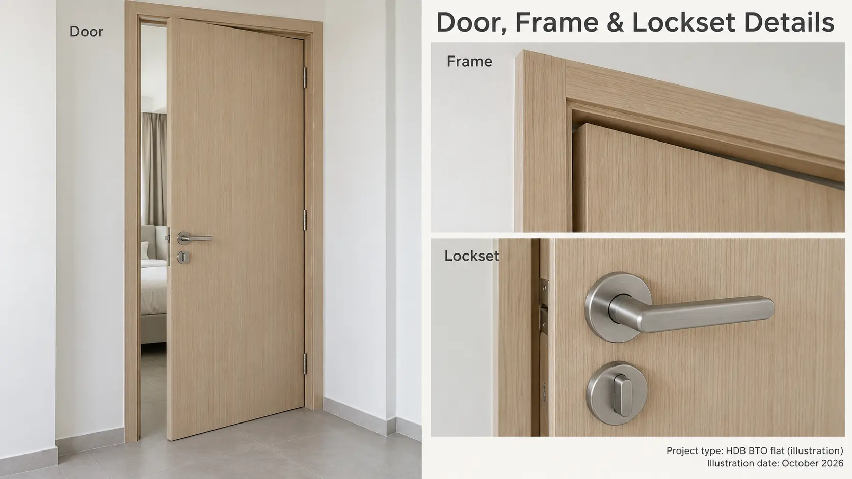 laminated UPVC bedroom door and frame installed in a BTO flat