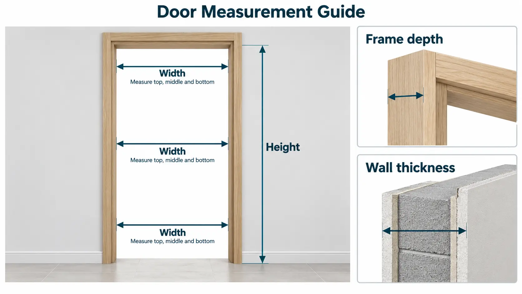 dimensioned drawing of an internal door opening, frame and swing arc