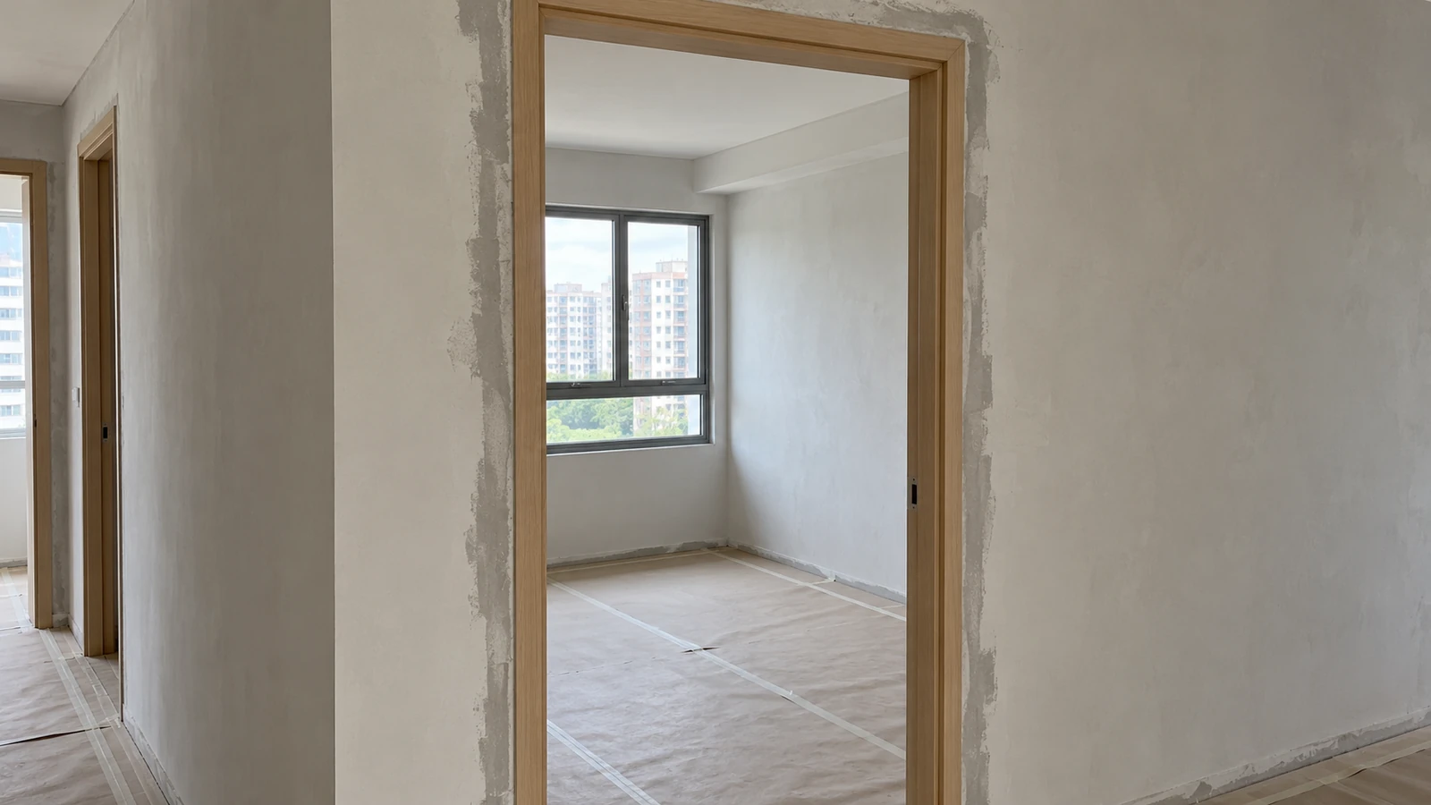 door frame installed in a BTO bedroom opening before painting